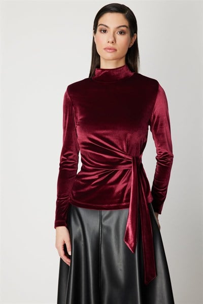 On Beli Bağlamalı Dokulu Bluz BORDO