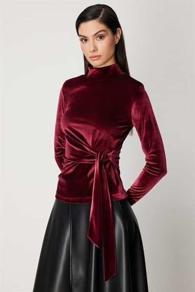 On Beli Bağlamalı Dokulu Bluz BORDO