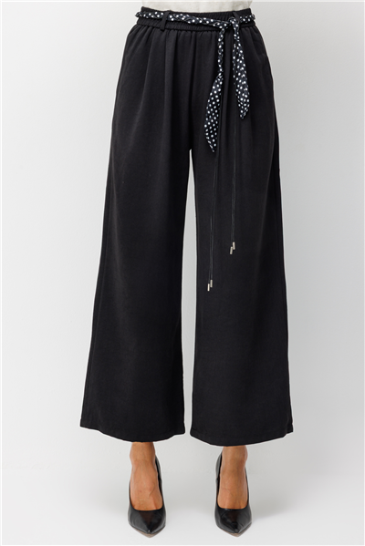 On Beli Fularlı Bol Paça Pantolon Siyah