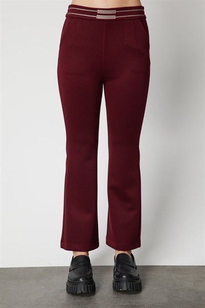On Beli İşlemeli İspanyol Paça Pantolon BORDO