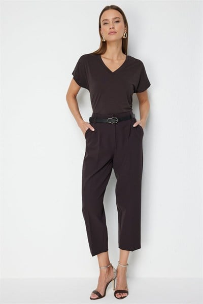 On Beli Kemerli Bilek Boy Pantolon KAHVE