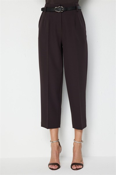 On Beli Kemerli Bilek Boy Pantolon KAHVE