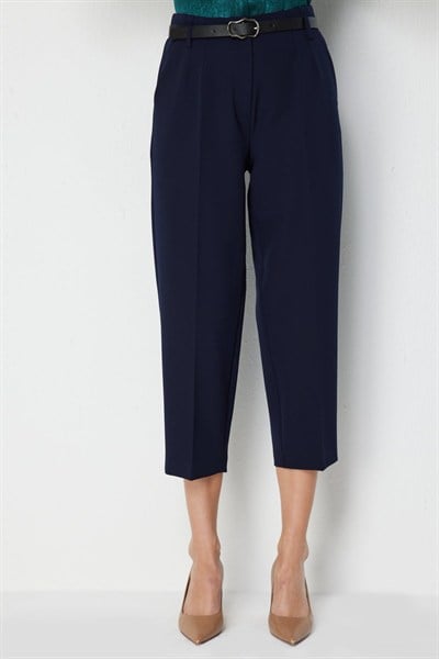 On Beli Kemerli Bilek Boy Pantolon LACIVERT