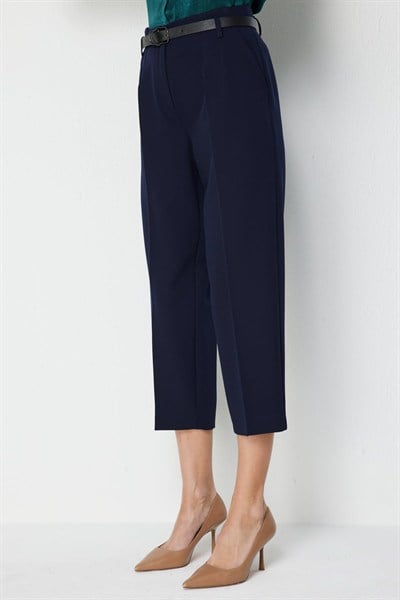 On Beli Kemerli Bilek Boy Pantolon LACIVERT