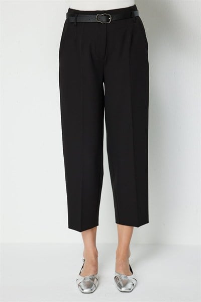 On Beli Kemerli Bilek Boy Pantolon SIYAH