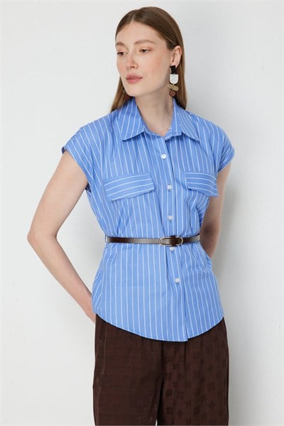 On Beli Kemerli Çizgili Kolsuz Gömlek MAVI