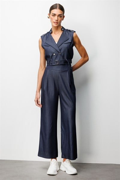 On Beli Kemerli Crop Yelek INDIGO