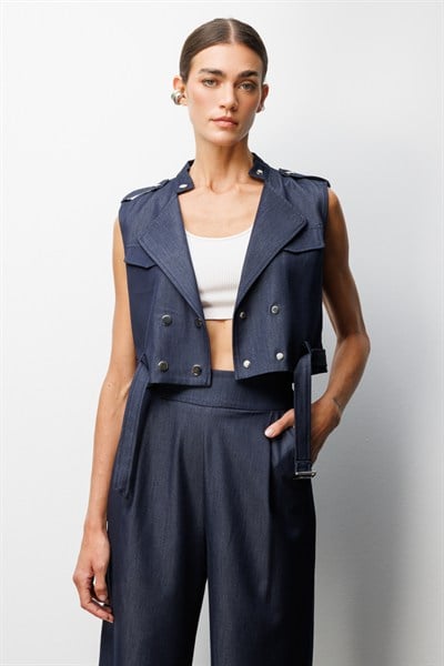 On Beli Kemerli Crop Yelek INDIGO