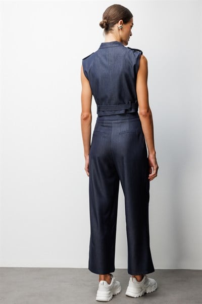 On Beli Kemerli Crop Yelek INDIGO