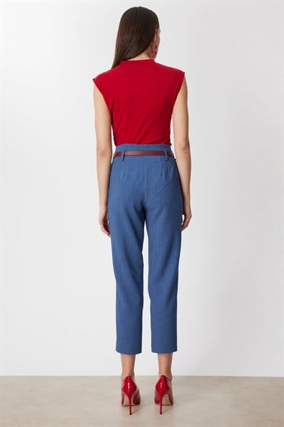 On Beli Kemerli Dar Paça Pantolon INDIGO