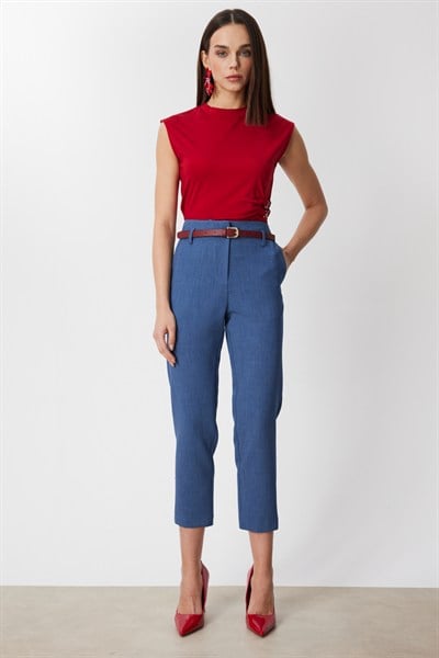 On Beli Kemerli Dar Paça Pantolon INDIGO