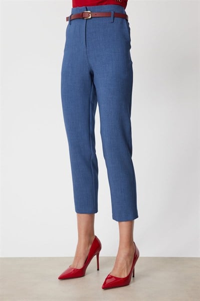 On Beli Kemerli Dar Paça Pantolon INDIGO