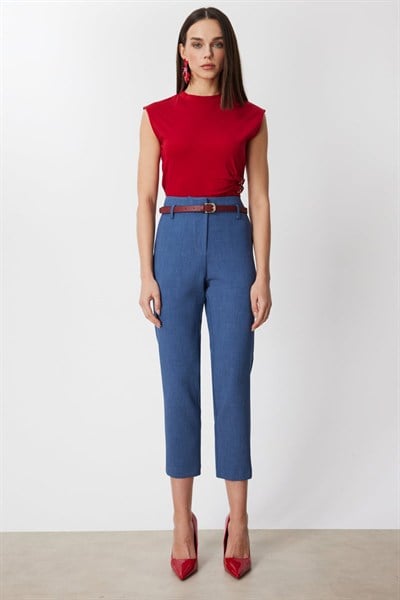 On Beli Kemerli Dar Paça Pantolon INDIGO