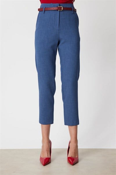 On Beli Kemerli Dar Paça Pantolon INDIGO