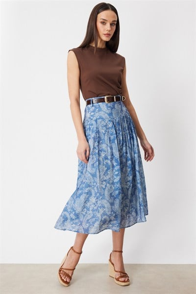On Beli Kemerli Desenli Midi Etek INDIGO