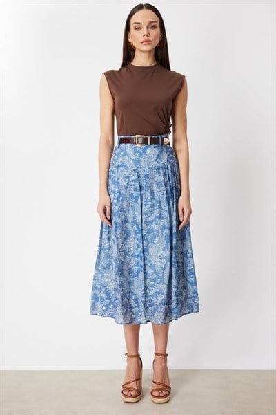 On Beli Kemerli Desenli Midi Etek INDIGO