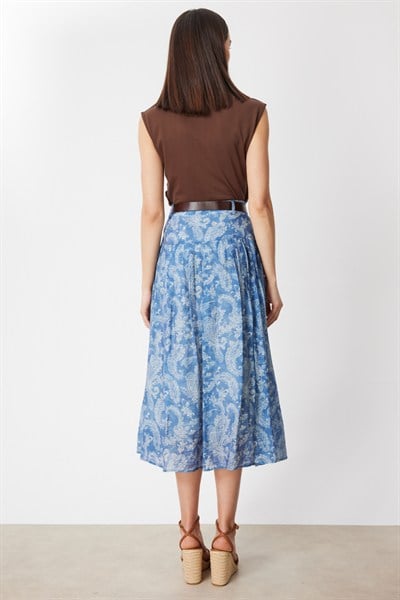 On Beli Kemerli Desenli Midi Etek INDIGO