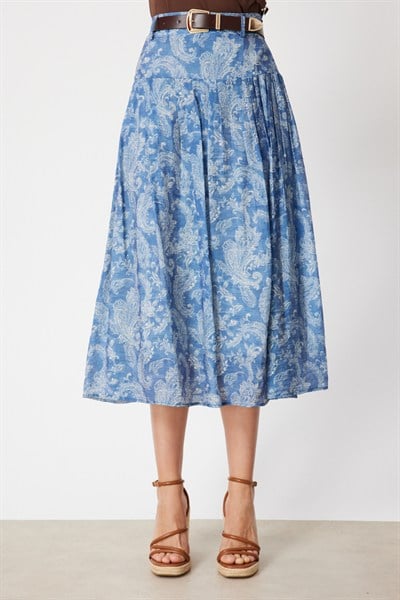On Beli Kemerli Desenli Midi Etek INDIGO