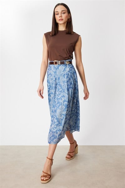 On Beli Kemerli Desenli Midi Etek INDIGO
