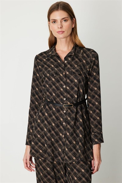 On Beli Kemerli Desenli Uzun Gömlek ANTRASIT