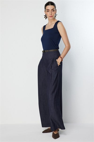 On Beli Kemerli Dikiş Detaylı Pantolon INDIGO
