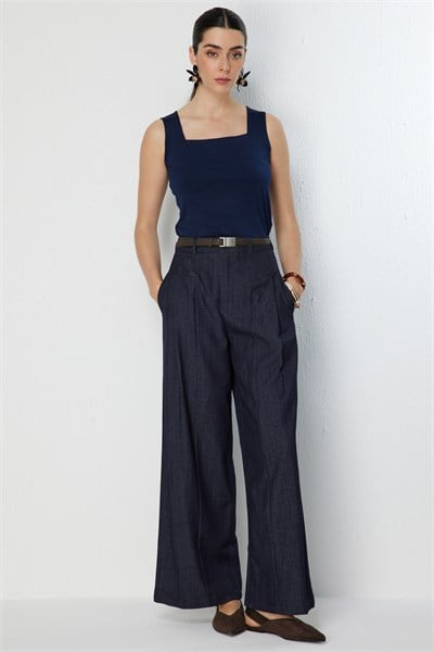 On Beli Kemerli Dikiş Detaylı Pantolon INDIGO