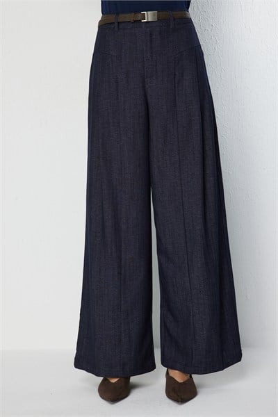 On Beli Kemerli Dikiş Detaylı Pantolon INDIGO