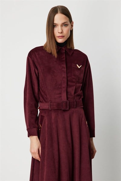 On Beli Kemerli Fitilli Ceket BORDO