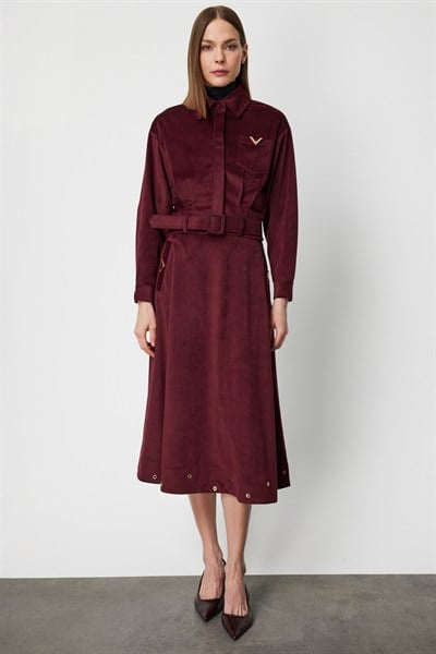 On Beli Kemerli Fitilli Ceket BORDO