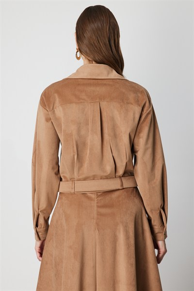 On Beli Kemerli Fitilli Ceket Camel