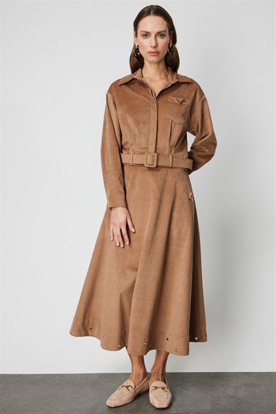 On Beli Kemerli Fitilli Ceket Camel