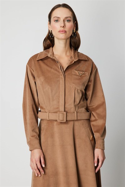 On Beli Kemerli Fitilli Ceket Camel