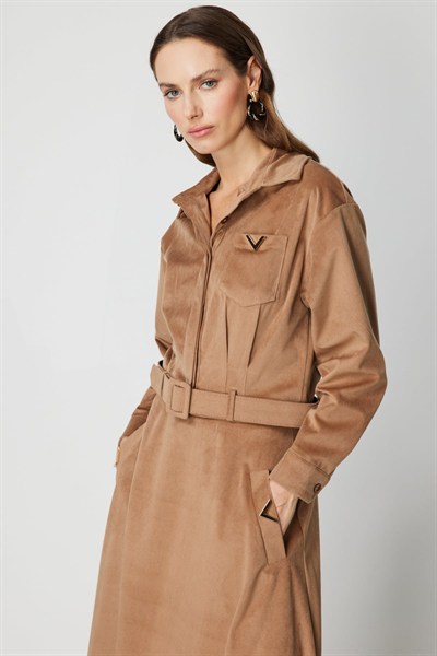 On Beli Kemerli Fitilli Ceket Camel