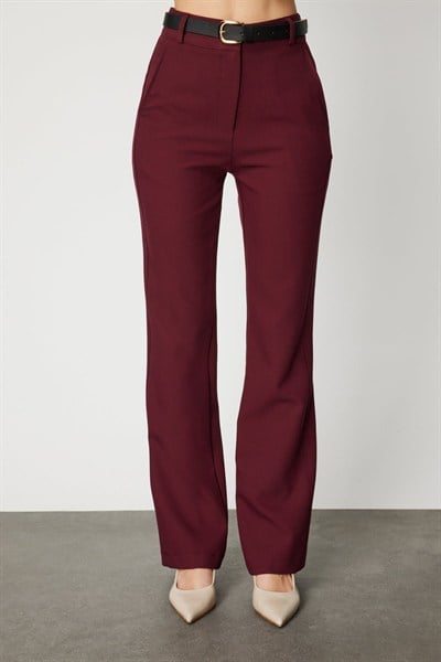 On Beli Kemerli İspanyol Paça Pantolon BORDO