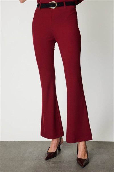 On Beli Kemerli İspanyol Paça Pantolon BORDO