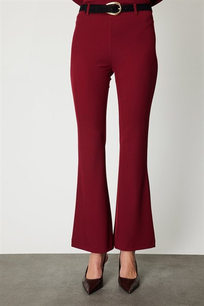On Beli Kemerli İspanyol Paça Pantolon BORDO