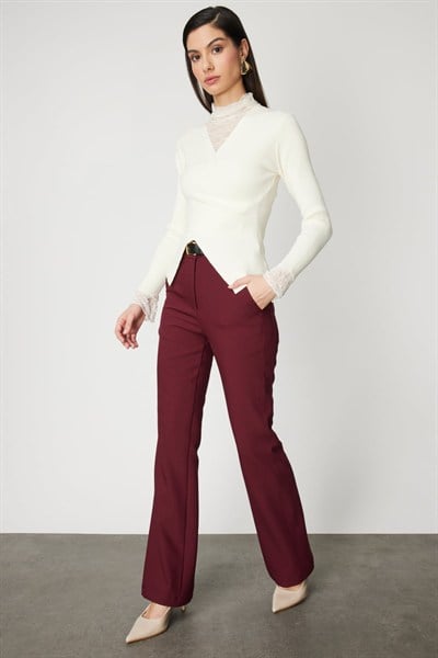 On Beli Kemerli İspanyol Paça Pantolon BORDO