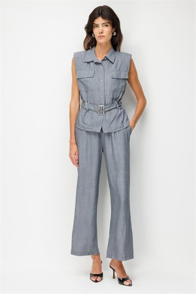 On Beli Kemerli Kapak Cepli Yelek GRI