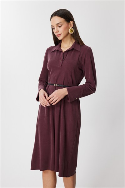 On Beli Kemerli Midi Boy Elbise BORDO