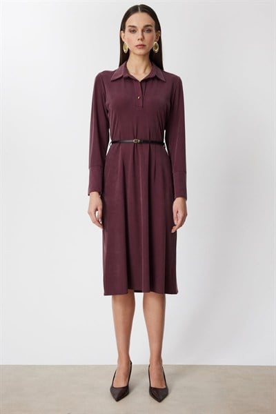 On Beli Kemerli Midi Boy Elbise BORDO