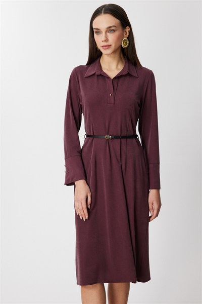 On Beli Kemerli Midi Boy Elbise BORDO
