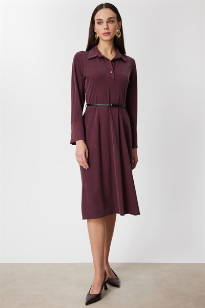 On Beli Kemerli Midi Boy Elbise BORDO