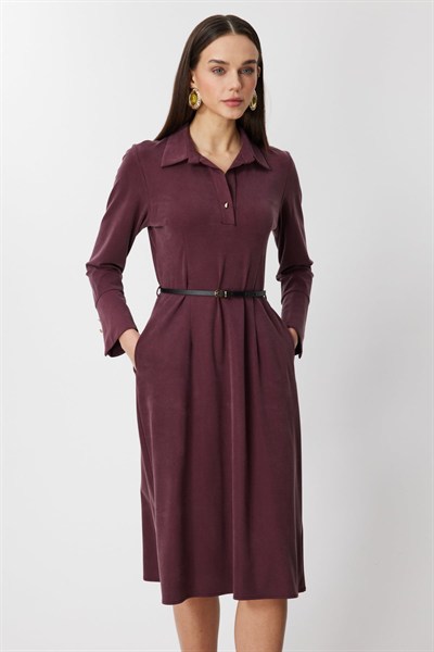 On Beli Kemerli Midi Boy Elbise BORDO