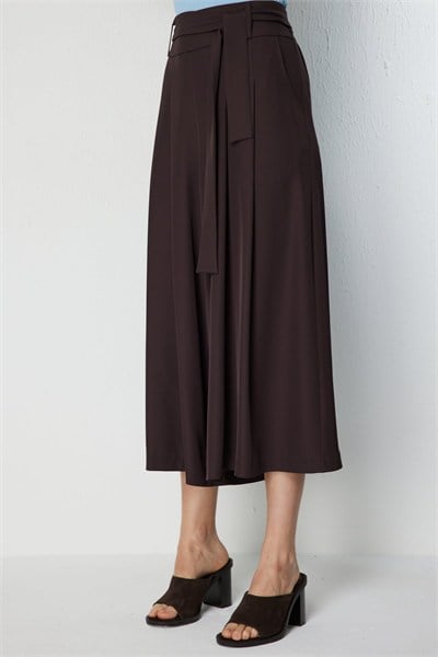 On Beli Kemerli Pileli Pantolon KAHVE