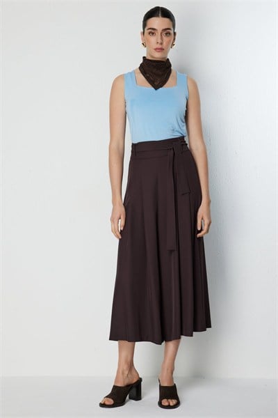 On Beli Kemerli Pileli Pantolon KAHVE