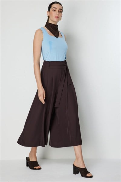 On Beli Kemerli Pileli Pantolon KAHVE