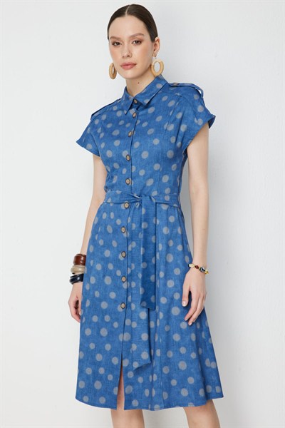 On Beli Kuşaklı Düğmeli Midi Elbise INDIGO