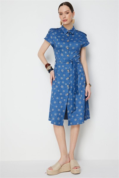 On Beli Kuşaklı Düğmeli Midi Elbise INDIGO