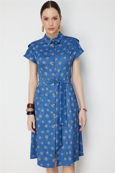 On Beli Kuşaklı Düğmeli Midi Elbise INDIGO