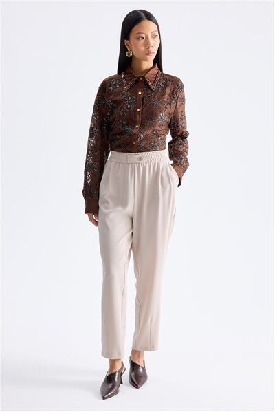 On Beli Lastikli Bilek Boy Pantolon Stone